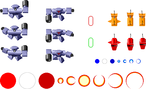 Enemy sprites for the third and fourth levels, along with enemy explosion sprites